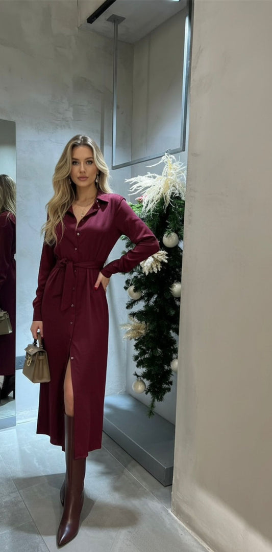Abito camicia midi bordeaux con cintura
